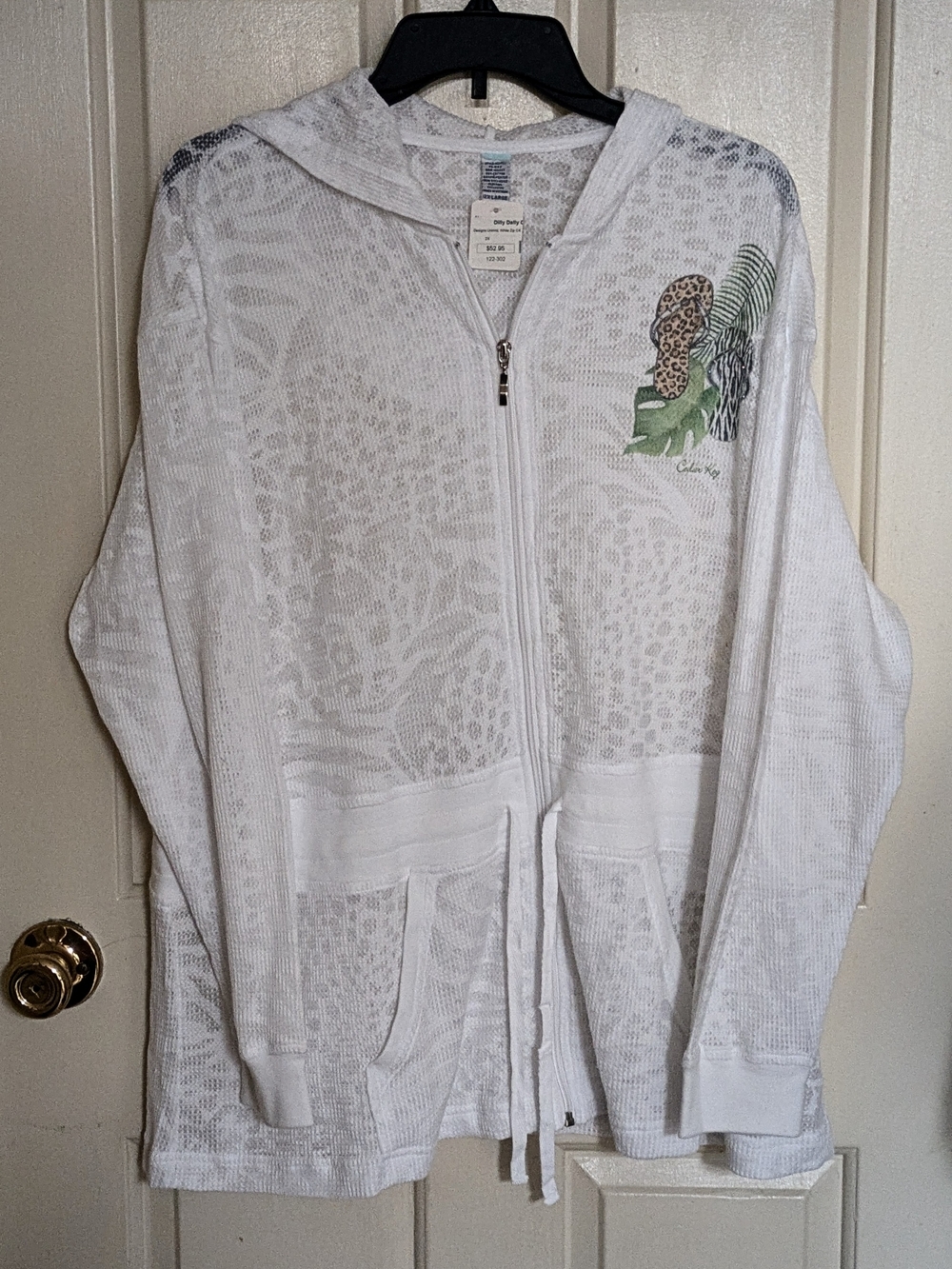 White Cedar Key  Lightweight Zip Cover Up Hoodie with Leopard & Palm Print